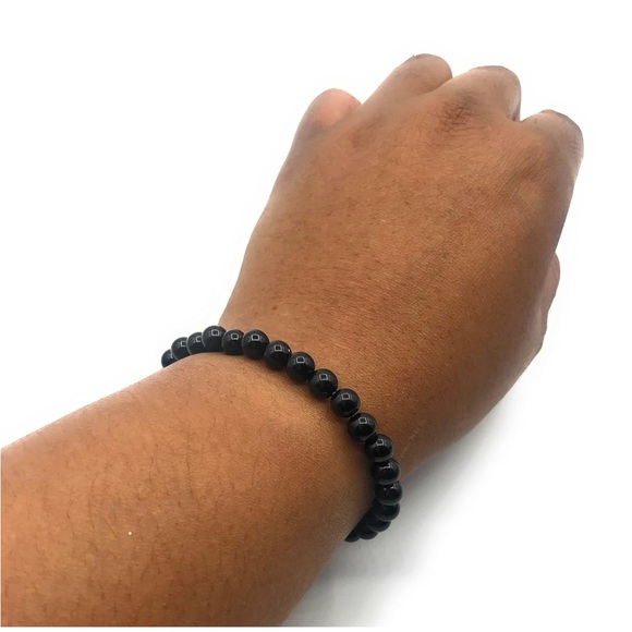 Black Agate Gemstone Beaded Stretch Bracelet - Picture 3 of 3